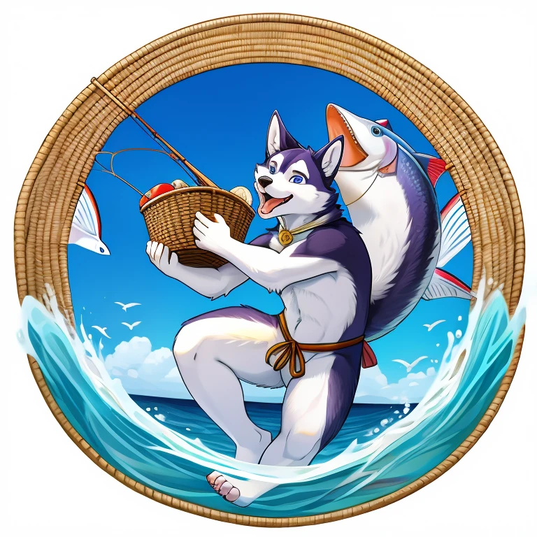 Husky is fishing with a basket full of fish dancing wildly