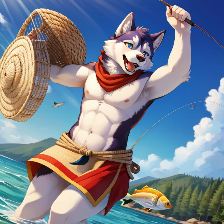 Husky is fishing with a basket full of fish dancing wildly