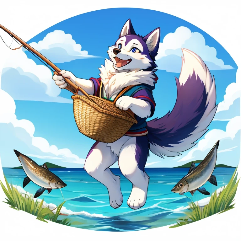 Husky is fishing with a basket full of fish dancing wildly