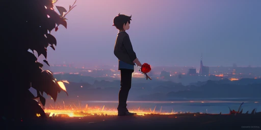 8k artistic photography, perfect composition, trending pixiv fanbox, (style of makoto shinkai and studio ghibli), pastel colors, (fantasic), aesthetic, ultra hd, realistic anime, highly detailed, UHD drawing, pen and ink, beautiful detail, 1 boy, standing alone, The little prince, Saint-Exupery, having a rose, from side, holding a rose, 1 red rose, photorealistic concept art, soft natural volumetric cinematic perfect light, (desert),