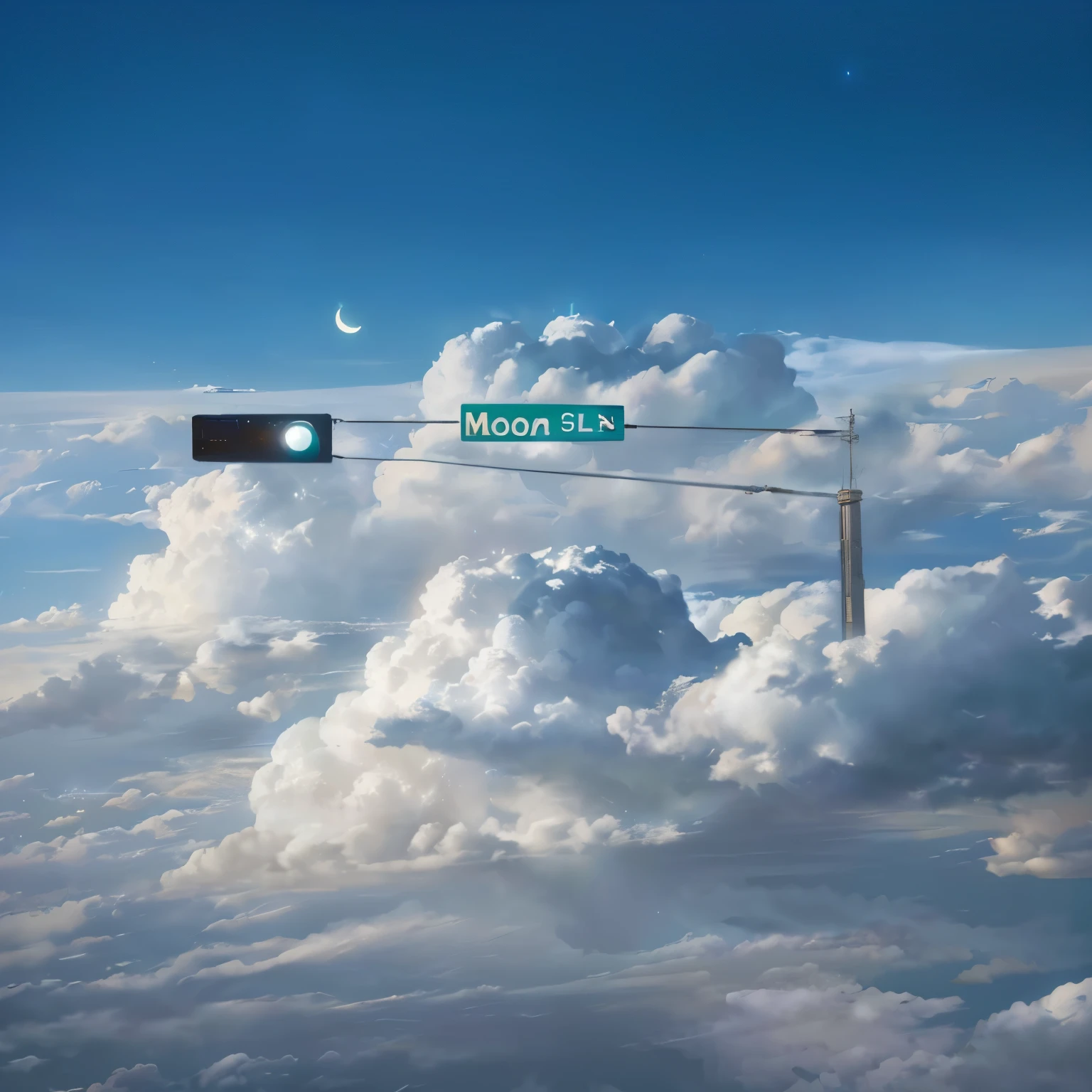 city street on the moon, alex andreev, hyper realistic clouds, elevator to the moon, moon in the sky, street moon landscape, album art, the moon is in the sky, by Chris LaBrooy, perfectly realistic yet surreal, 3 ballon flying