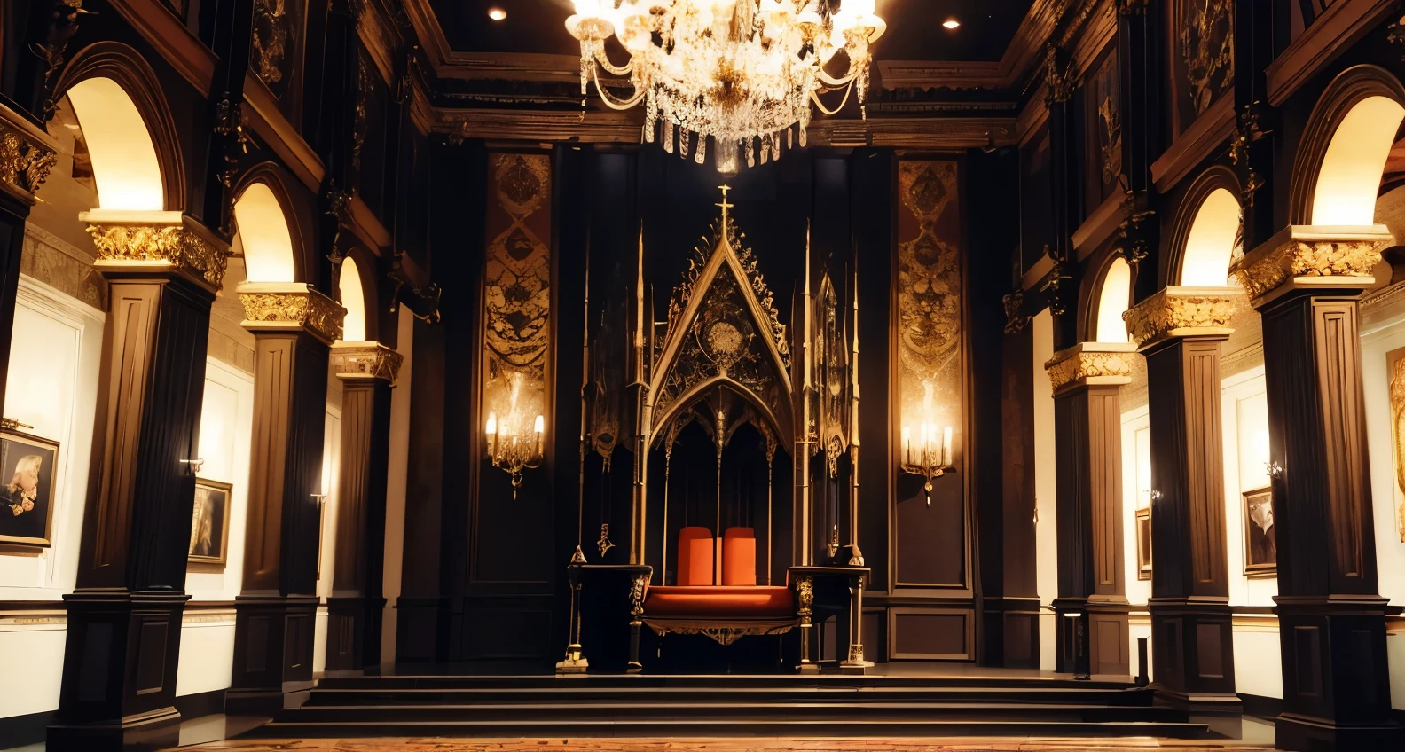 Masterpiece, ultra high quality, award winning, interior, throne room, high ceiling, pillars, gothic, neo gothic, cathedral vibe, luxurious, black and orange color palette, orange glass windows, warm lighting, two thrones, marble floor, luxurious carpet, black stone, black gothic, night time, warm lighting, dark, vampire vibes