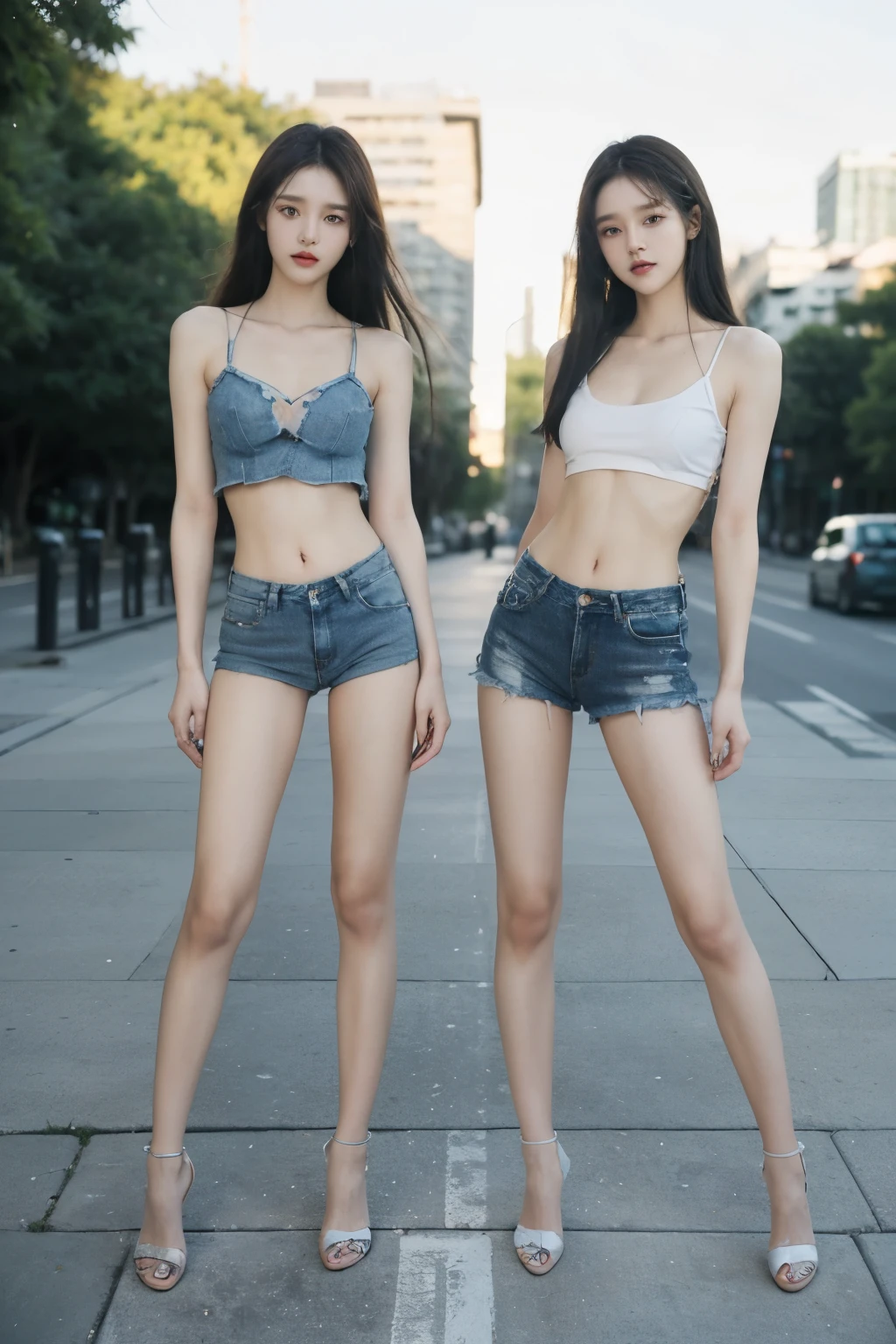 (8k、Raw photo、最high quality、masterpiece:1.5),((((Both of them stand with their legs apart:1.8)))),(((Both of them have an inseam that is more than half their height.:1.5))),((Both have bare legs)),((Both of them are extremely slim:1.2)),((((Both girls look exactly like K-pop star Wonyoung:1.8)))),((Both of them have very long, slender legs.:1.5)),((Both are 173cm tall:1.3)),((The two have perfect supermodel style: 1.2)),(((((Both of them take full body shots: 1.8))))),(((Both of you should face your whole body straight ahead.:1.8))),((Low angle shot:1.5)),Skin irregularities are reproduced in minute detail:1.5 Super thin waist: 1.2, Thin buttocks,Open the navel,完璧なSuper thin thighs: 1.2),(((Both of them have amazingly slim figures.))),((Both of them are wearing denim micro .:1.5)),((Both are 18 years old)),(Both of them have perfectly erect nipples.:1.5), (((Both of them are extremely exposed.:1.5))),(No bra:1.5),(((Both of their erect nipples are visible through the fabric.:1.5))),Highly detailed face and skin texture,Symmetrical face, Beautiful Eyes, Beautiful Face,balanced eyes, Fair Asian Skin, Ultra-Realistic Details, Natural Shadows,(Very small hips),Large firm breasts, Super long thighs,(Super thin thighs),(Super slim calves),((Small Ass)),(Both of them have the slender bodies of well-trained track and field athletes.:1.5),Super muscular body,Super toned waist,(More emphasis on the abdominal muscles:1.5),((Both of them have super-strong abs;1.6)),(Super thin waist:1.5),((White high heels:1.3)),lengthen limbs,(Photographed 25cm above the ground:1.5),(((Standing on the sidewalk in front of a stylish upscale restaurant:1.5))),(Both of them are wearing short, see-through white mini camisoles.:1.5), (((Wide open abdomen:1.5))),Hands on hips,Both of them face forward,Super long arms,Thin hands,(Long black hair),((Both of them stand up straight.)),(Keep your hips facing forward:1.5),Both of them are beautiful with 8-head body proportions.,Very thin ankles,The arms are very slender and muscular,The legs are super slender and muscular,Make your arms thinner,Super slim and muscular legs,Both of them have super long legs.,The middle of the thighs are very thin,(Super muscular and extremely slim calves:1.2),(Super muscular and slim thighs:1.2),Very tight waist,((Both of them have an inseam that is more than half their height.の美脚:1.5)),Extremely thin thighs,Fine skin,Firm skin,(((Both of them should fit from the top of their heads to the toes of their heels.:1.5))),(((Both have beautiful legs:1.2))),Both of them are super muscular and have slim legs.,(toned thin legs:1.5),((Sunny afternoon:1.3)),Midsummer:1.5, Super detailed, High detail, high quality, Awards,High resolution,((Anatomically correct))