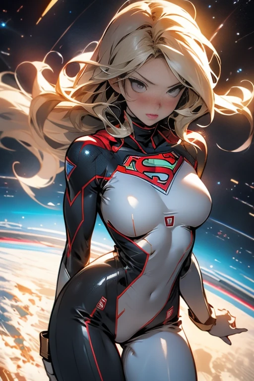 sandy hair fit body large breasts slender thighs slender waist supergirl pilot suit solo looking at viewer in space long hair blushing determination, 8k, extreme detail,