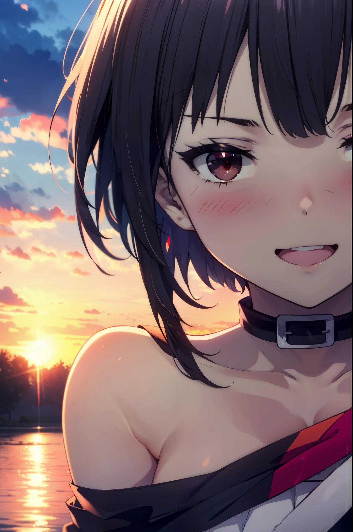 konosubaMegumin, Megumin, short hair, Black Hair, (Red eyes:1.3), short hair with long locks,happy smile, smile, Open your mouth,
Off-the-shoulder white dress,White long skirt,Cute Sandals,Bare arms,bare clavicle,Bare shoulders,Bare neck,Walking,whole bodyがイラストに入るように,evening,Sunset,The sun is setting,
break outdoor, forest, nature,
break looking at viewer, whole body,
break (masterpiece:1.2), highest quality, High resolution, unity 8k wallpaper, (figure:0.8), (Beautiful fine details:1.6), Highly detailed face, Perfect lighting, Highly detailed CG, (Perfect hands, Perfect Anatomy),