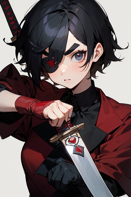 childhood friend,Short Hair,Black Hair,Thick eyebrows,Single,{masterpiece},{high quality},{Super detailed},{Perfect Face},{Perfect hands},Holding a sword,,Eye patch,Red glove on right hand,Hot-blooded comic style
