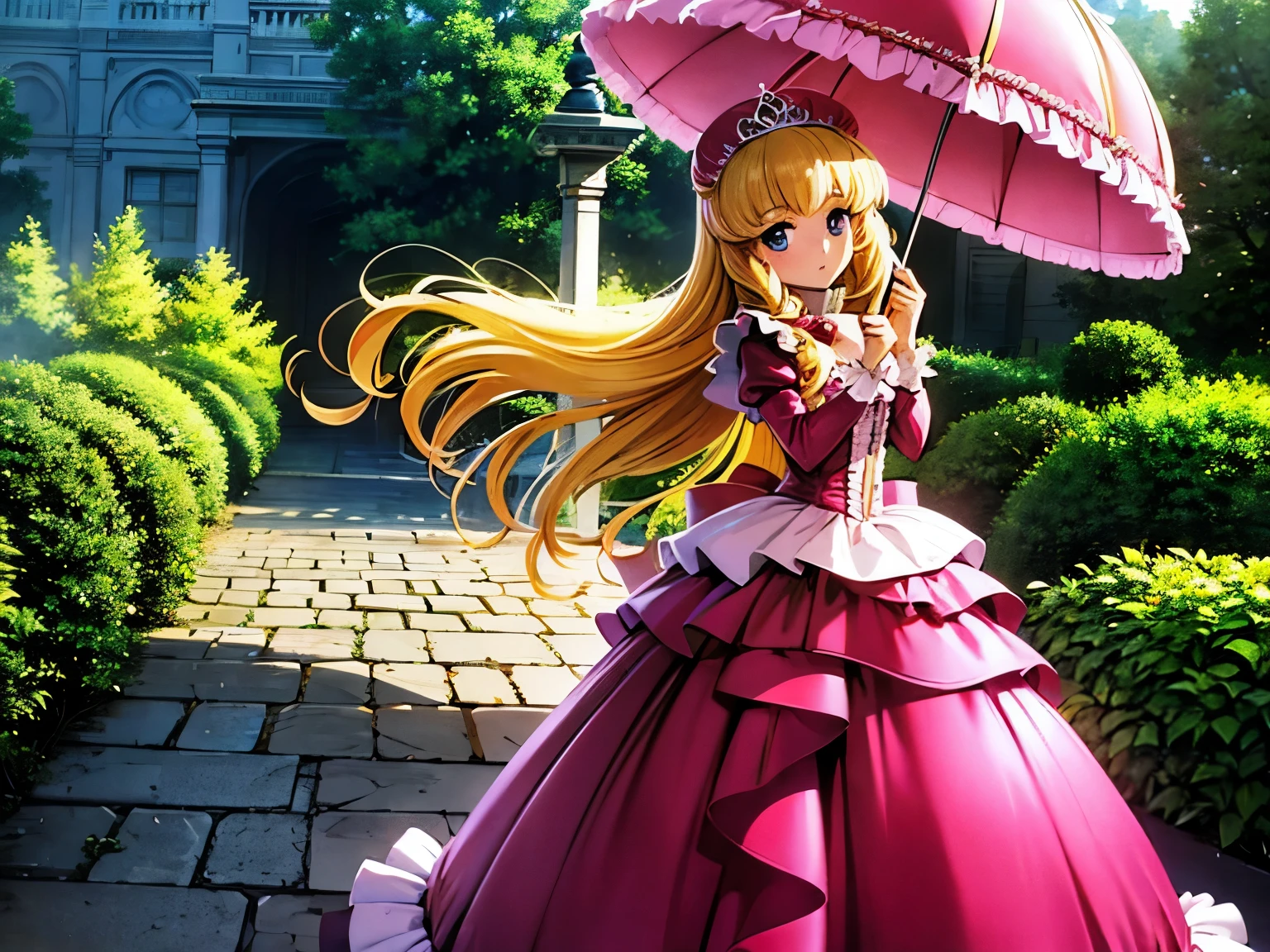 ,highest quality, masterpiece, highest resolution, artwork, super それにget used to it, many get used to it, get used to it, それにget used to it, 3K anime illustration,,(( girls)),Super detailed baby face,the girlncess,luxurious tiara,Full length ball gown dress with hoop skirt,ruffle yoke collar,puff sleeves,long sleeve,((lolita style hot pink princess satin dress、Comes with lots of frills and ribbons。)),colorful fashion,shiny satin dress,Soft and smooth fabric,luxury,long blonde hair,blue eyes,white skin european,She is holding a luxurious Victorian-style parasol with frills and ribbons.,holding a parasol with both hands,Walking through the gardens of European castles,A luxurious garden with lots of flowers,super detailed background,