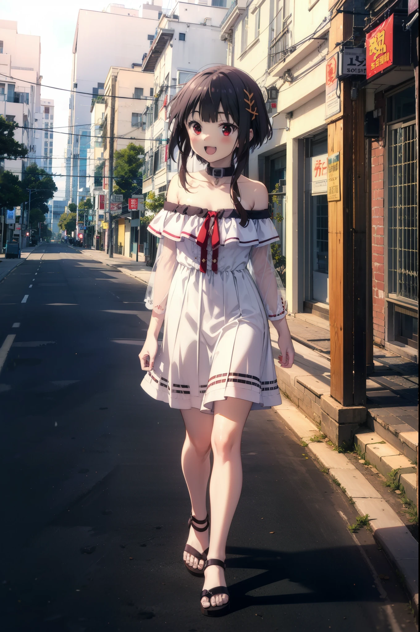 konosubaMegumin, Megumin, short hair, Black Hair, (Red eyes:1.3), short hair with long locks,happy smile, smile, Open your mouth,
Off-the-shoulder white dress,White long skirt,Cute Sandals,Bare arms,bare clavicle,Bare shoulders,Bare neck,Walking,whole bodyがイラストに入るように,evening,Sunset,The sun is setting,
break outdoor, Coastal street with buildings,
break looking at viewer, whole body,
break (masterpiece:1.2), highest quality, High resolution, unity 8k wallpaper, (figure:0.8), (Beautiful fine details:1.6), Highly detailed face, Perfect lighting, Highly detailed CG, (Perfect hands, Perfect Anatomy),