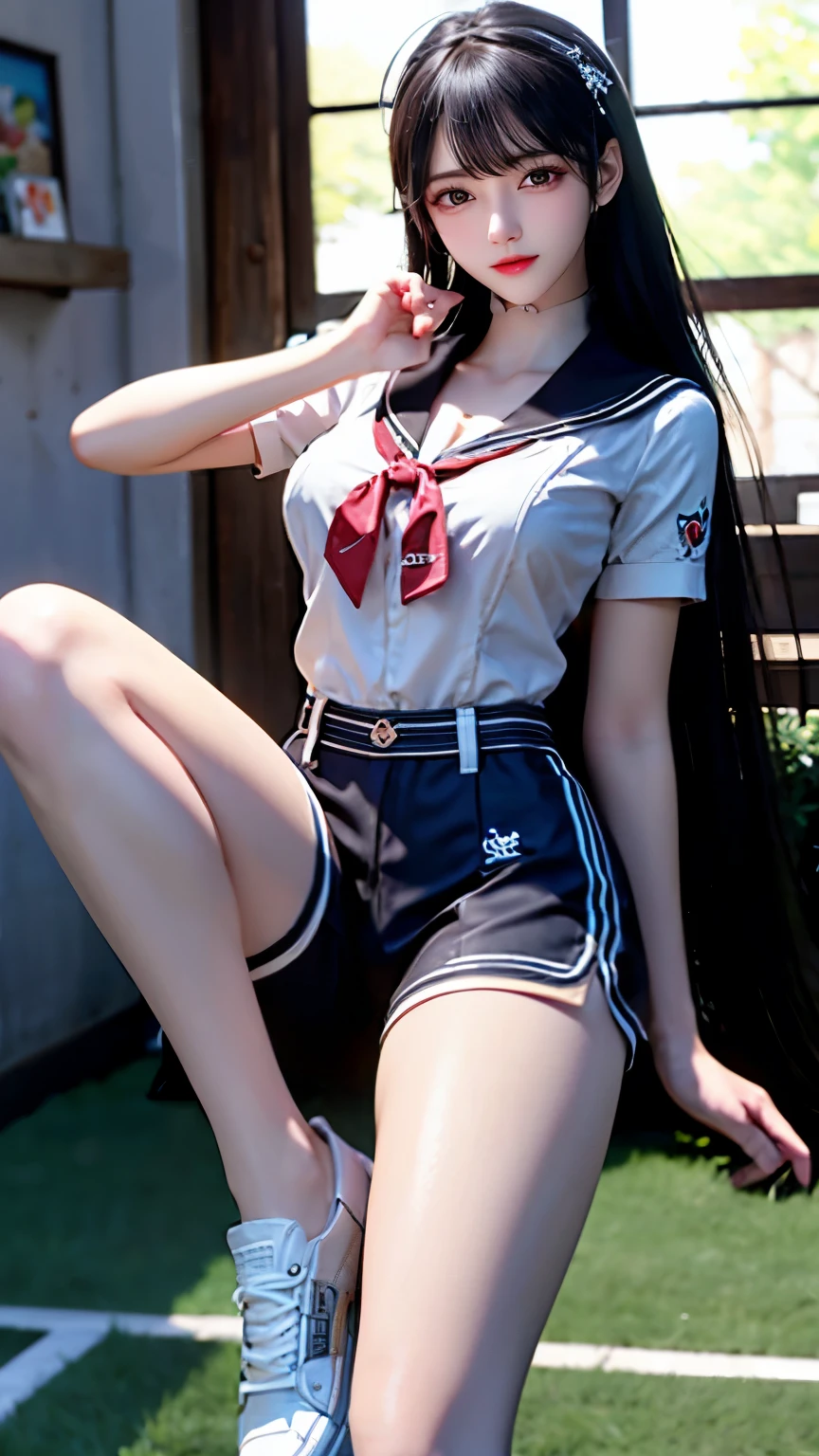 （Very delicate and beautiful：1.2）super model,,Big Breasts,Beautiful breasts,voluptuous,【bike shorts】,,【3girls】,,highest quality, High resolution, 8K,Sailor suit,Kick in a hurry