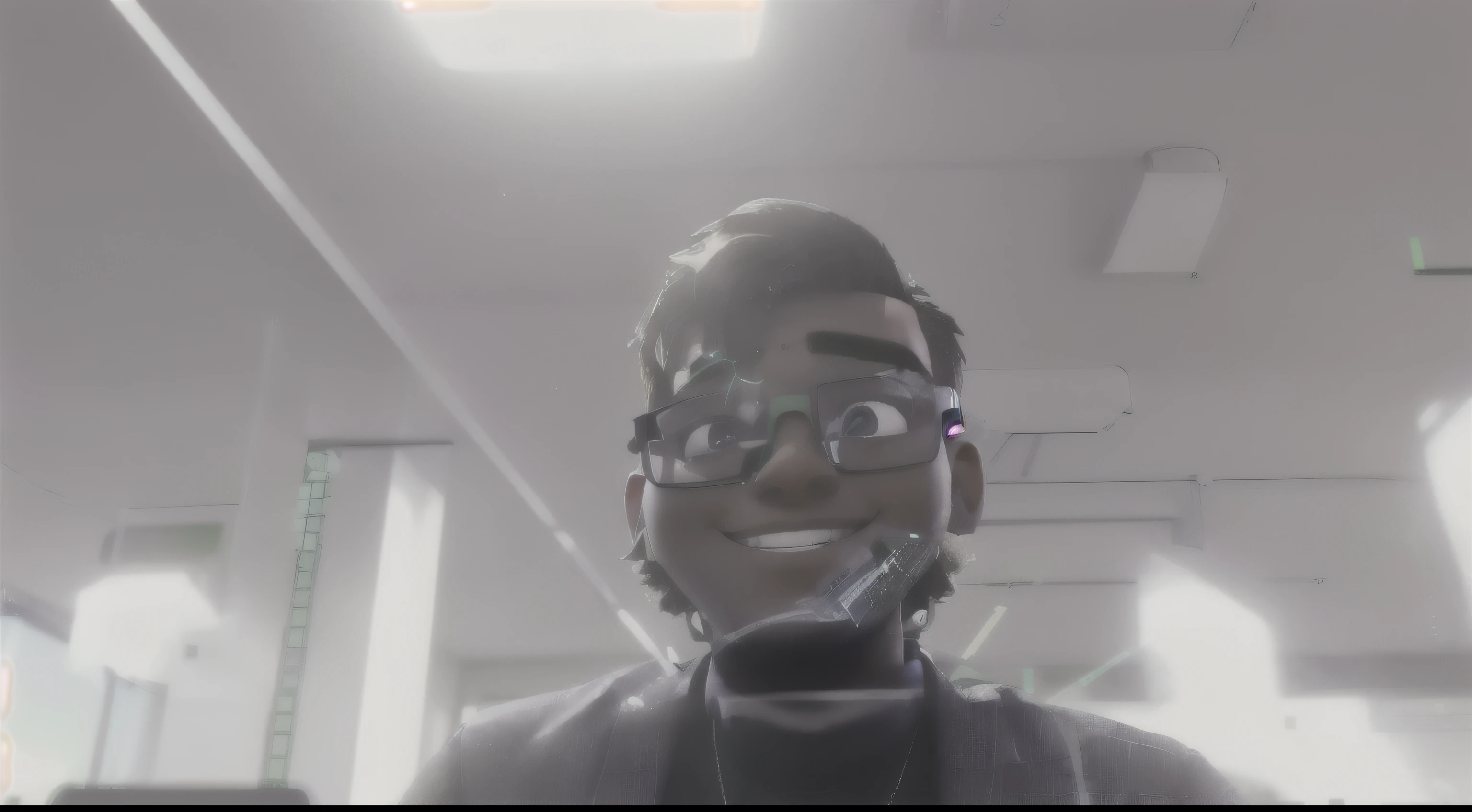 Young man smiling, professional look, Wearing augmented reality glasses with a digital interface visible, Standing in a high-rise office with a panoramic view of a city with green rooftops and vertical gardens, A sophisticated and innovative atmosphere, showcasing technological advancements, Artwork, futuristic conceptual art using digital mediums, --ar 16:9 --v 5
