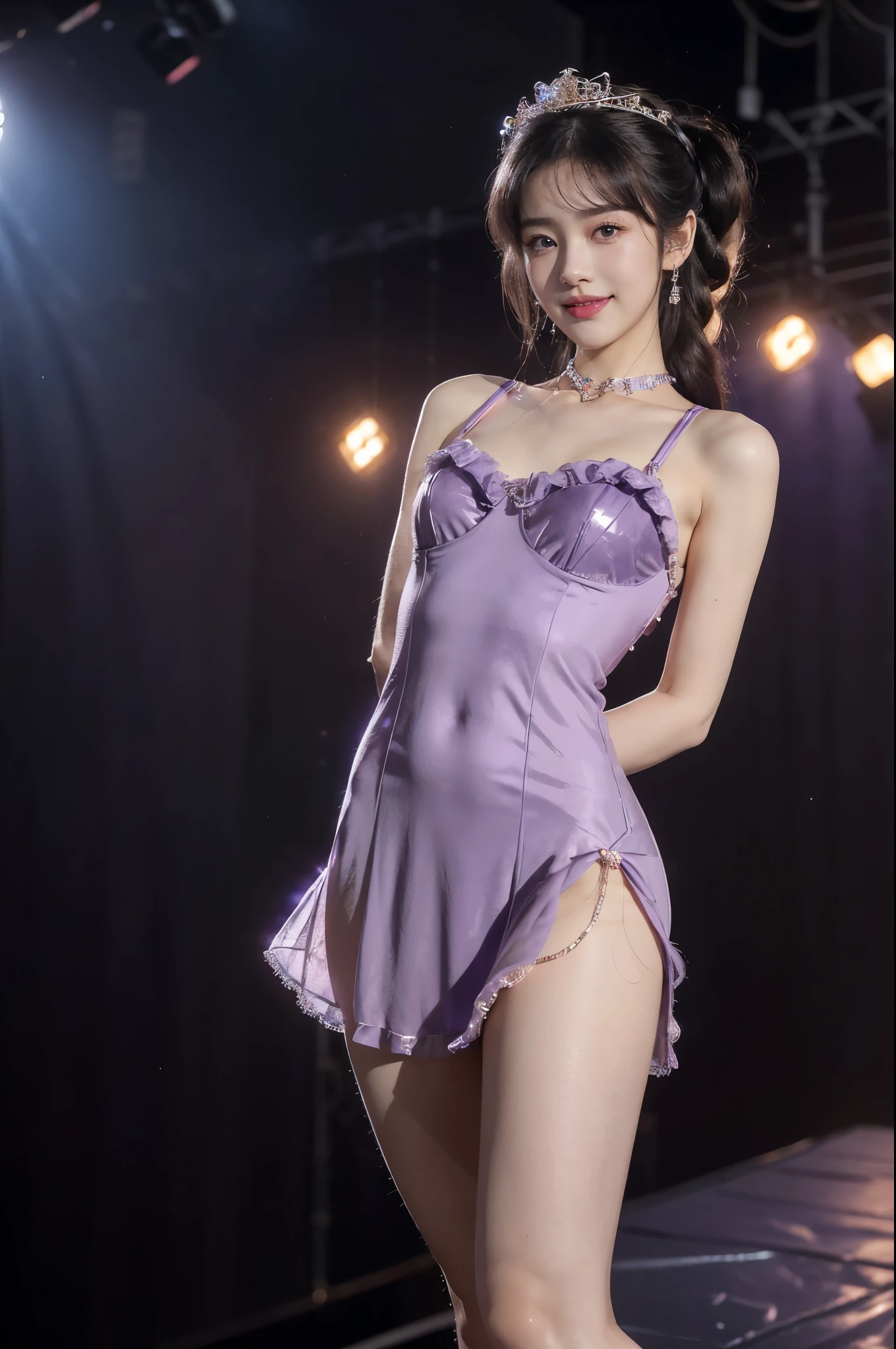 (Extremely meticulous CG),(((8k))),wallpaper,(Portrait above the chest:1.3),((Extremely refined and beautiful)),(((Masterpiece))),(((best qualtiy))),(((Ultra High Resolution))),beautiful light up,realistic shaded,(Smooth and flawless fair skin:1.5),(Extremely exquisite facial details:1.2),(ultra-detailed:1.5),((a beautiful girl,solo)),(Japanese age idol:1.3),(princess crown:1.3),(short ponytail:1.2),(bangs:1.3),(small head:1.2),(slender face:1.2),(Exquisite makeup:1.3),(smiling:1.2),(laughing:1.2),(blush:1.5),(perfect body:1.1),(collar:1.2),(bare legs:1.3),(Maxi dazzling purple Loline-piece dress:1.5),((slim,thin)),(small breasts:1.2),(flat chests:1.2),(from front:1.3),(standing:1.3),(In the gorgeous theater:1.3),(on the stage:1.5),(lively atmosphere:1.3),(indoor:1.3),(colorful neon lights:1.3),(Cyberpunk style:1.3),(detailed background:1.5),(night scene:1.5),(close-up of face:1.3),(arms behind back:1.2)