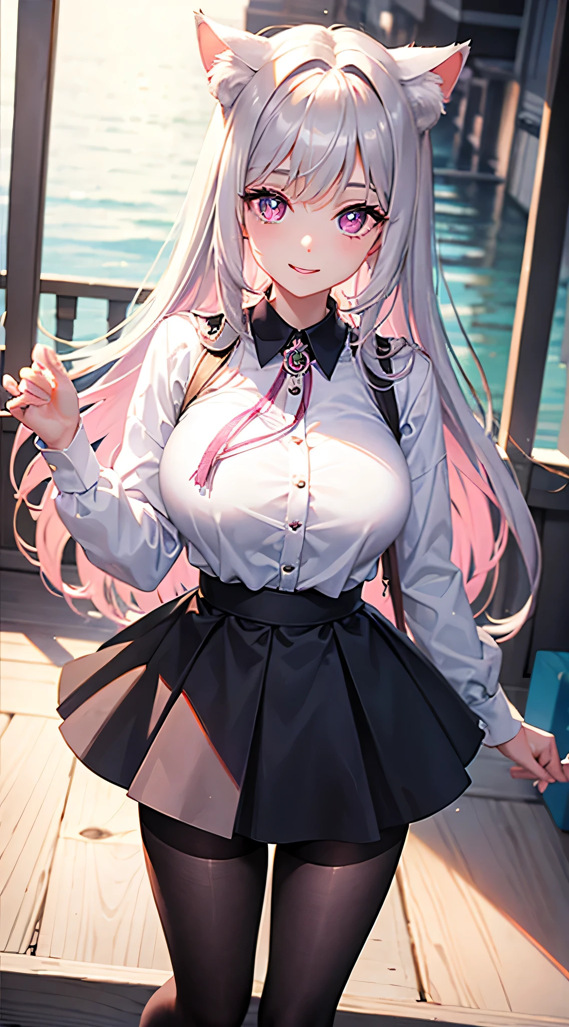 masterpiece,highest quality,Highly detailed face,fine grain,Waterfront,bubble,Sparkling eyes,Highlighted eyes,Center of chest,pretty girl,smile,Cat ear,Beautiful silver hair,Pink inside,Beautiful pink eyes,Oversized shirt、skirt、black tights