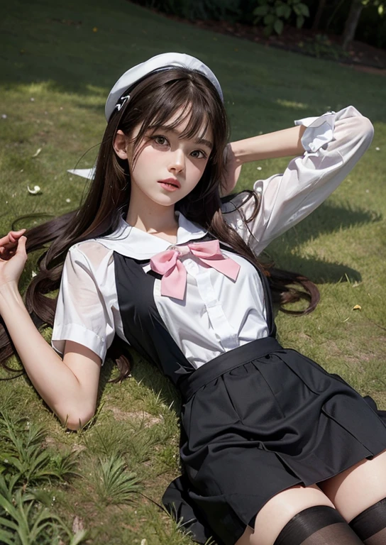 Reality, high resolution, Soft Light,lying on the grass,1 Woman, Solitary, Hip lift, View Viewer, (Delicate face), long hair, Lying on the grass, Looking from the bottom up, Show your upper body, secretary, Black skirt, stockings, plump breasts,Not worn,Not worn, White skin,Double tail,Brown hair，Qi bangs，curls,maid,flight,White sailor suit and short skirt,Pink bow,16-year-old female model,side