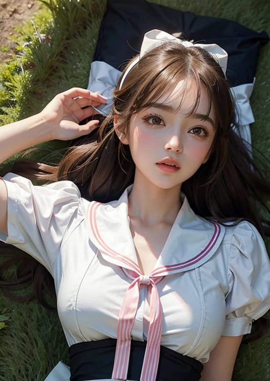 Reality, high resolution, Soft Light,lying on the grass,1 Woman, Solitary, Hip lift, View Viewer, (Delicate face), long hair, Lying on the grass, Looking from the bottom up, Show your upper body, secretary, Black skirt, stockings, plump breasts,Not worn,Not worn, White skin,Double tail,Brown hair,Qi bangs,curls,maid,flight,White sailor suit and short skirt,Pink bow,16-year-old female model,side