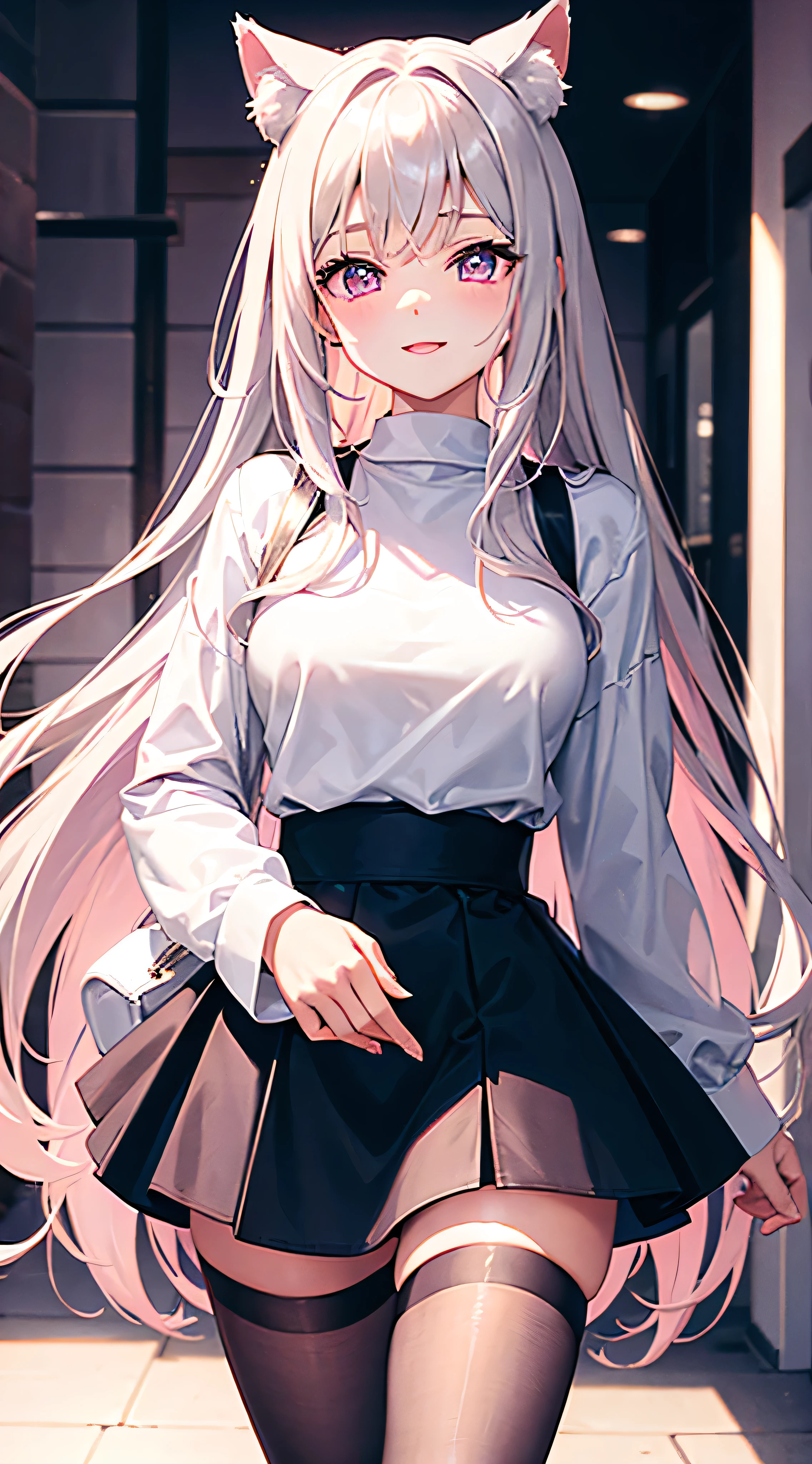 masterpiece,highest quality,Highly detailed face,fine grain,Waterfront,bubble,Sparkling eyes,Highlighted eyes,Center of chest,pretty girl,smile,Cat ear,Beautiful silver hair,Pink inside,Beautiful pink eyes,Oversized shirt、skirt、black tights
