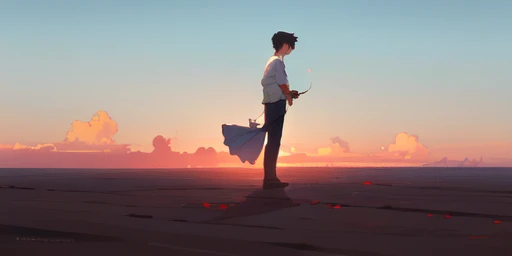 (absurdres), (perfect ???????), (ingenious angle), trending pixiv fanbox, (style of makoto shinkai and studio ghibli), pastel colors, aesthetic, ultra hd, realistic anime, highly detailed, UHD drawing, pen and ink, beautiful detail, 1 boy, standing alone, The little prince, Saint-Exupery, having a rose, from side, holding a rose, 1 red rose, photorealistic concept art, soft natural volumetric cinematic perfect light, (desert), emotional, fantastic, perfect composition, trending pixiv fanbox, clear eyes, anime hand drawn illustration, produced by anime painter studio,