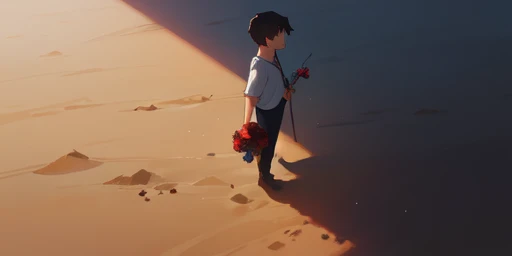 (absurdres), (perfect anatomy), (ingenious angle), trending pixiv fanbox, (style of makoto shinkai and studio ghibli), pastel colors, aesthetic, ultra hd, realistic anime, highly detailed, UHD drawing, pen and ink, beautiful detail, 1 boy, standing alone, The little prince, Saint-Exupery, having a rose, from side, holding a rose, 1 red rose, photorealistic concept art, soft natural volumetric cinematic perfect light, (desert), emotional, fantastic, perfect composition, trending pixiv fanbox, clear eyes, anime hand drawn illustration, produced by anime painter studio,