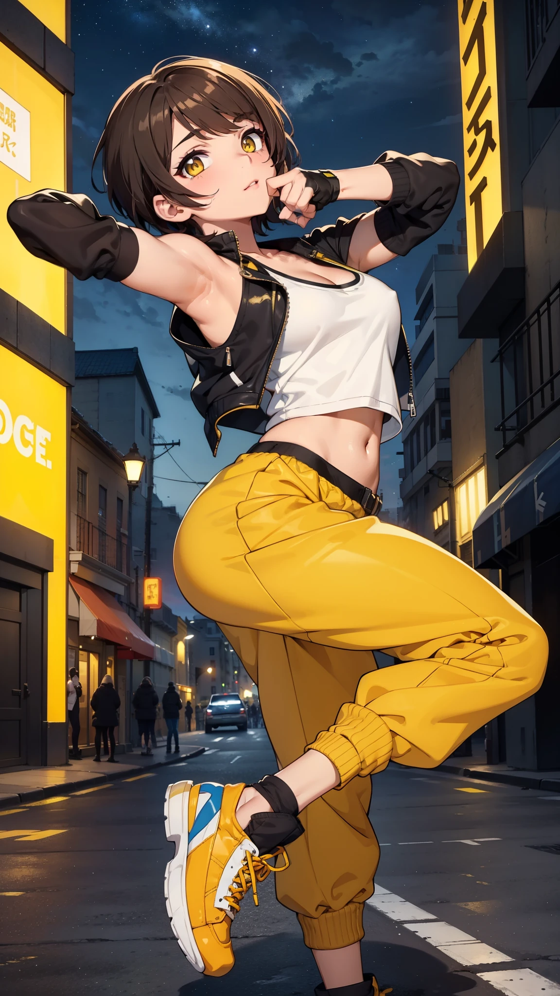 street dancer,  short hair, brown hair, yellow glowing eyes, perfect lips,  cute expression, cute face, cute pose, fingerless gloves, gun, tank top, jacket, cute pose, ultra detailed face, long eyelashes, sharp eyes , Fullbody shot, dinamic viewer, parkour, lovely moves, lovely expression, night sky 