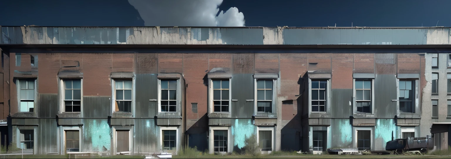 a train passing by a building with windows, realistic architecture, dilapidated abandoned factory background, highly detailed matte painting, hyper-realistic architectural rendering, high resolution and detail, industrial factory background, flat landscape painting, ultra-detailed matte painting, ultra-detailed 3D landscape rendering, ultra-detailed 3D landscape rendering, photorealistic establishing a horror dilapidated house,Strange