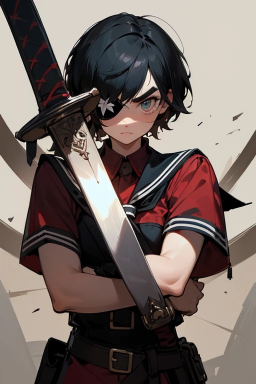 childhood friend,Short Hair,Black Hair,Thick eyebrows,Single,{masterpiece},{high quality},{Super detailed},{Perfect Face},{Perfect hands},Carrying a sword,,Eye patch,Red glove on right hand,Hot-blooded comic style,Arms crossed,Burning School,Watching me as I fall