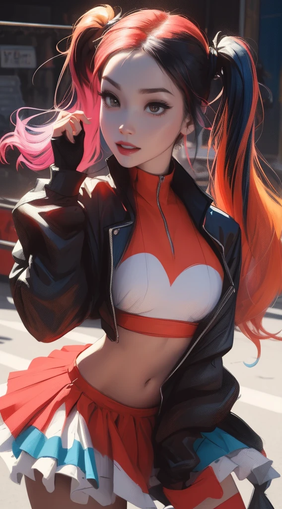 Harley quinn theme, full body pose cute photo, front view, neon face paint, bright eyes, reflections., in the style of realistic hyper - detailed portraits, Soft color, ravecore, emphasis on detail, glow in the dark, blink - and - you - miss - it detail, eye - catching detail random angle, realistic cartoon, Une belle fille avec, UHD (ultra details) Regarder le spectateur en tenue de ville de style hip-hop; different, colourfull, long, Highly colored hair 🌈