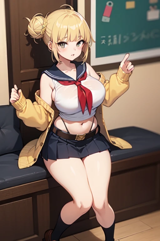 Yaoyorozu Momo fused with himiko toga, himiko toga combined with Yaoyorozu Momo, (((fusion))), (((1girl))), ((((solo)))), ((female focus)), ((solo female)), wide hips, thick thighs, huge breasts, tight clothing, yaoyorozu momo, long hair, bangs, ponytail, (black eyes), high ponytail, wide ponytail, navel, (cleavage), bare shoulders, belt, leotard, bare arms, center opening, red leotard, beltskirt, himiko toga, bangs, (blonde hair), blunt bangs, hair bun, double bun, messy hair, skirt, long sleeves, , pleated skirt, shoes, (serafuku), socks, sailor collar, blue skirt, neckerchief, (kneehighs), titjob,brown footwear, (cardigan), black socks, loafers, red neckerchief, yellow cardigan,