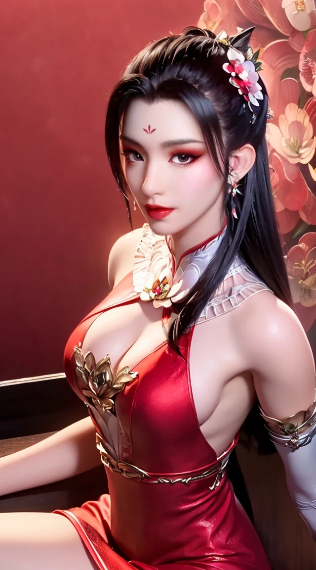 1 beautiful and sexy 20 year old girl, ((wearing a super thin red dress:1.8)), a dress with diamonds, black chest border with gold border, long hair and white bangs, detailed hair jewelry and most beautiful, Super cute baby face, Very pretty face, sparse eyebrows, flawless beautiful face, ((black pupils:0.8)), very beautiful eyes, ((red eyes:1.4)), beautiful and detailed eyelashes and very magical makeup, high nose, earrings, thin lips, red lips, no smile, beautiful lips, rosy face, clean face, flawless beautiful face, smooth white skin, ( big breasts: 0.9)), Blums breasts, ((big and super round breasts): 0.9)), ((super tight breasts: 1.2)), ((breast augmentation: 0.8)), beautiful breasts, sitting on the floor, chest facing forward, upper body of pretty girl, 8k photo, super high quality, super realistic, 10x super pixel, realistic photo, bright studio, light border, two-tone light color, skin (high high detail): 1.2) , 8k ultra, soft light, high quality, light volume, realistic, Image, high resolution, light, Best photo, 4k, 8k quality, effects blur, Smooth and sharp, 10 x pixels, aurora, lightning, super sharp graphics, most realistic graphics ,((red flower background: 1.6)), alone, solo, Extremely sharp, surreal images, (((frontal portrait: 1.6)))."