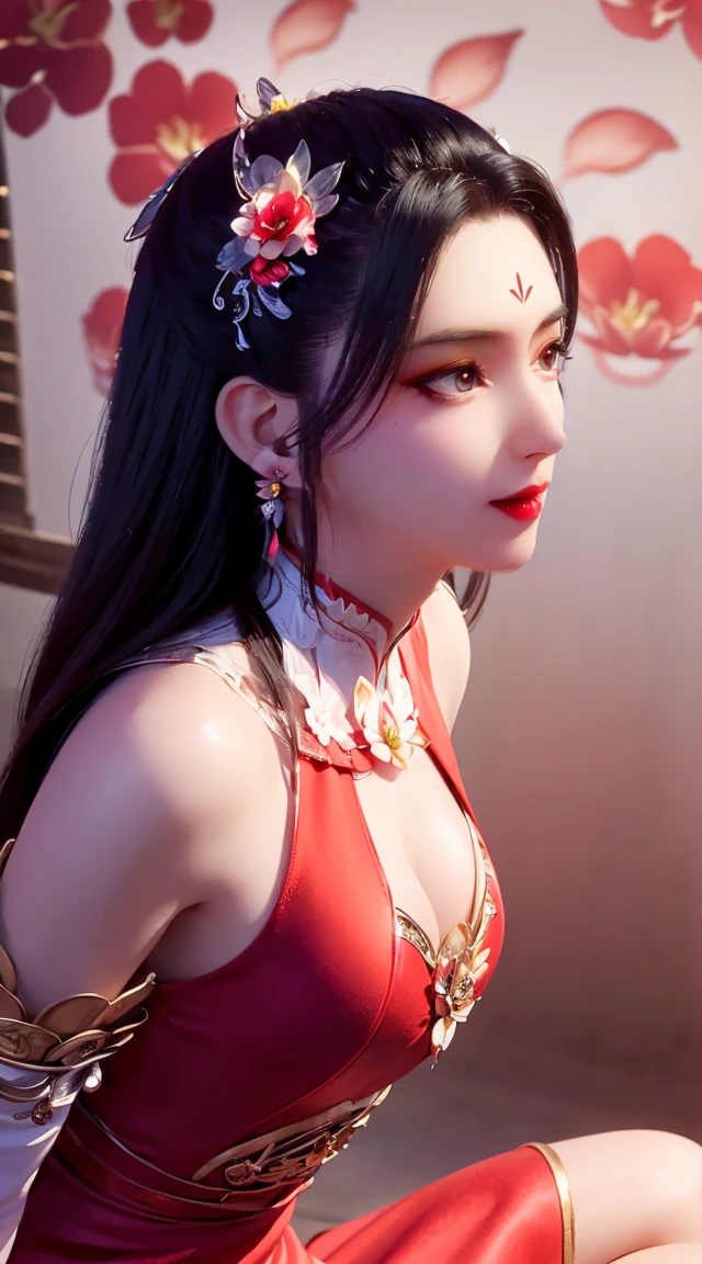 1 beautiful and sexy 20 year old girl, ((wearing a super thin red dress:1.8)), a dress with diamonds, black chest border with gold border, long hair and white bangs, detailed hair jewelry and most beautiful, Super cute baby face, Very pretty face, sparse eyebrows, flawless beautiful face, ((black pupils:0.8)), very beautiful eyes, ((red eyes:1.4)), beautiful and detailed eyelashes and very magical makeup, high nose, earrings, thin lips, red lips, no smile, beautiful lips, rosy face, clean face, flawless beautiful face, smooth white skin, ( big breasts: 0.9)), Blums breasts, ((big and super round breasts): 0.9)), ((super tight breasts: 1.2)), ((breast augmentation: 0.8)), beautiful breasts, sitting on the floor, chest facing forward, upper body of pretty girl, 8k photo, super high quality, super realistic, 10x super pixel, realistic photo, bright studio, light border, two-tone light color, skin (high high detail): 1.2) , 8k ultra, soft light, high quality, light volume, realistic, Image, high resolution, light, Best photo, 4k, 8k quality, effects blur, Smooth and sharp, 10 x pixels, aurora, lightning, super sharp graphics, most realistic graphics ,((red flower background: 1.6)), alone, solo, Extremely sharp, surreal images, (((frontal portrait: 1.6)))."