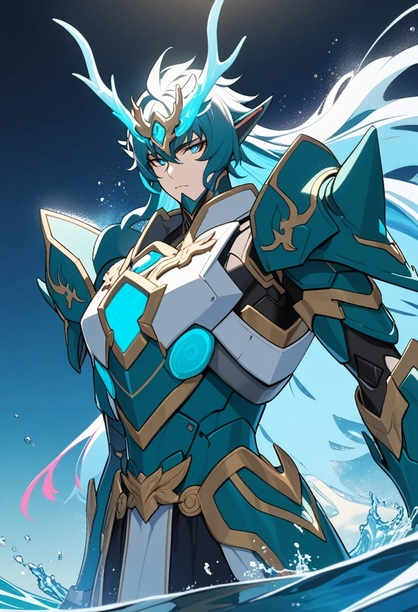 （DAN Heng - Imbibitor Lunae) , masterpiece, alternate robot dragon armor, mecha armor, water aura, man，feature，Honkai Star Rail，water Elemental, upper body, colorful blue palette ocean background