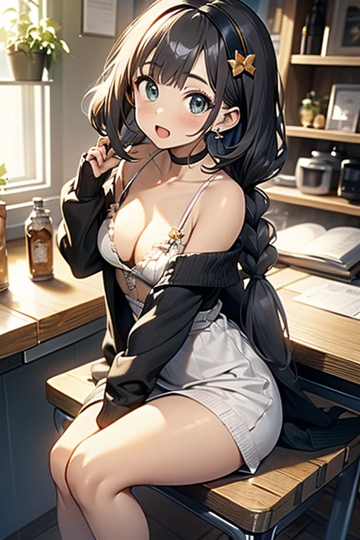 (small breasts:1.3), (perky chest:1.1), (pointed chest:1.0), (Pudding cake magazine cover:1.3),(from above:1.0),(from side:0.9),masterpiece, 1girl, Amazing Cleavage:1.1, thin waist, big ass, Raised sexy, small breast: 1.3, posed cleavage:1.2、solo, looking at viewer, open mouth, have a cute grass of cute beergrass,black hair, dark green eyes, dress, bare shoulders, jewelry, collarbone, sidelocks, hairband, earrings, indoors, off shoulder, :o, sweater, arms behind back, plant, short hair with long locks, gild hairband, off-shoulder dress, sweater dress, off-shoulder sweater, red sweater, dark gord hair, big side hair, very long side hair,is rendered in (masterpiece: 1.2, best quality), with (ultra high resolution) and an exquisite (depth of field). This masterpiece is not only visually stunning but also tells,A scene of cooking in the kitchen by classroom