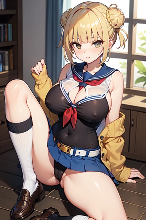 Yaoyorozu Momo fused with himiko toga, himiko toga combined with Yaoyorozu Momo, (((fusion))), (((1girl))), ((((solo)))), ((female focus)), ((solo female)), wide hips, thick thighs, huge breasts, tight clothing, yaoyorozu momo, long hair, bangs, ponytail, (black eyes), high ponytail, wide ponytail, navel, (cleavage), bare shoulders, belt, leotard, bare arms, center opening, red leotard, beltskirt, himiko toga, bangs, (blonde hair), blunt bangs, hair bun, nude,double bun, messy hair, skirt, long sleeves, , pleated skirt, shoes, (serafuku), socks, sailor collar, blue skirt, neckerchief, (kneehighs), titjob,brown footwear, (cardigan), black socks, loafers, red neckerchief, yellow cardigan,