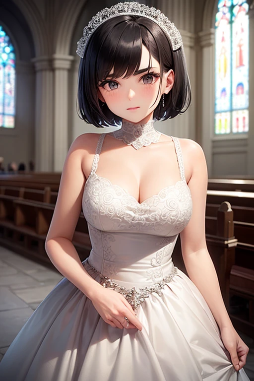 childhood friend,Short Hair,Black Hair,Thick eyebrows,Single,{masterpiece},{high quality},{Super detailed},{Perfect Face},Wedding dress,wedding style,church,I'm staring at you,With blushing cheeks,Wedding
