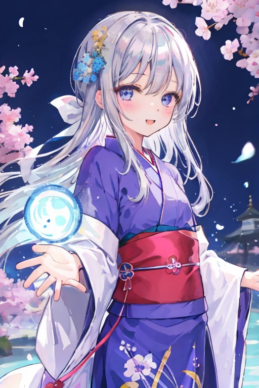 One girl, bangs, The background is cherry blossoms at night, The background is blurred, Similar to Hoshino Rumi, Small breasts, Long Hair(silver:1.2), Blue Eyes(Blue:1.2), Long yukata(purple:1.2), Displaying the viewer, Open your mouth, smile, alone, Very detailed, complicated, masterpiece, Absurd