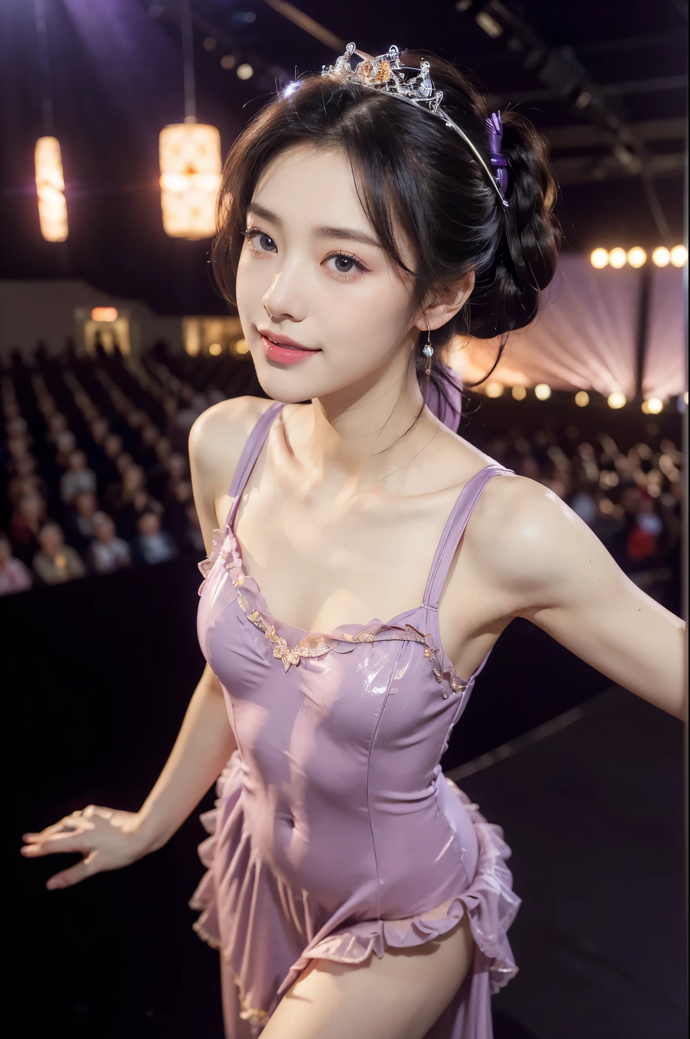 (Extremely meticulous CG),(((8k))),wallpaper,(Portrait above the chest:1.3),((Extremely refined and beautiful)),(((Masterpiece))),(((best qualtiy))),(((Ultra High Resolution))),beautiful light up,realistic shaded,(Smooth and flawless fair skin:1.5),(Extremely exquisite facial details:1.2),(ultra-detailed:1.5),((a beautiful girl,solo)),(Japanese age idol:1.3),(princess crown:1.3),(short ponytail:1.2),(bangs:1.3),(small head:1.2),(slender face:1.2),(Exquisite makeup:1.3),(smiling:1.2),(laughing:1.2),(blush:1.5),(perfect body:1.1),(collar:1.2),(bare legs:1.3),(Maxi dazzling purple Loline-piece dress:1.5),((slim,thin)),(small breasts:1.2),(flat chests:1.2),(from front:1.3),(standing:1.3),(In the gorgeous theater:1.3),(on the stage:1.5),(lively atmosphere:1.3),(indoor:1.3),(colorful neon lights:1.3),(Cyberpunk style:1.3),(detailed background:1.5),(night scene:1.5),(close-up of face:1.3),