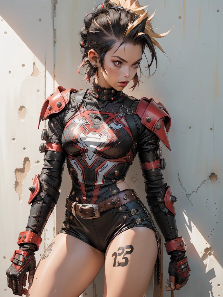 (((woman))), (((best quality))), (((masterpiece))), (((adult))), (((1girl))), (((mohawk haircut) )), A 25-year-old female cyberpunk gladiator with a perfect body, alien armor, h.r. Giger style, shoulder pads with metal spines, Brooklyn Gladiators, ((mohawk haircut)), tiny leather panties, ripped supergirlt-shirt, almost naked in Simon Bisley's wild urban style for the cover of Heavy Metal magazine, Short blonde hair, Minimum clothing, Metal protection on the left arm with intricate graphics, Dark red with white stars and black and white checkerboard pattern, armor, full of spikes and rivets, (((from the knee up))), blonde hair short white, in the background a wall painted by Shepard Fairey with an intricate design