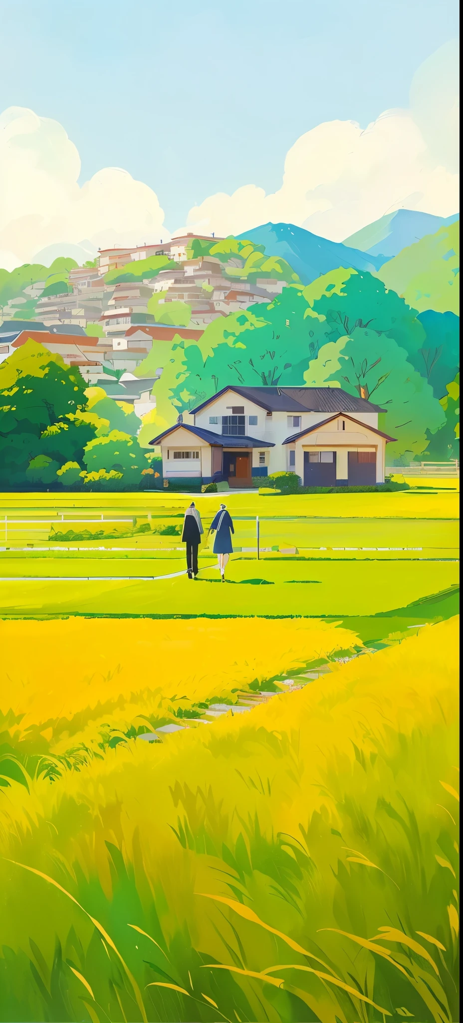 Painting of seller and buyer walking across the lawn in front of house, Anime rural scenery, With Artest Guerin (atey ghailan) style, A beautiful artistic illustration, 罗布·雷和三浦健太郎style, Digital Cartoon Art, Anime Background Art, Ghibli art style, author:Kobayashi Kiyochika, Produced in collaboration with Anime Painter Studio