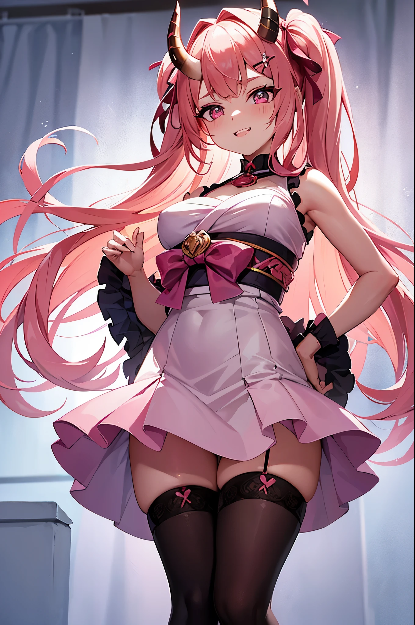 A close-up, frontal view of a cute and adorable pink oni girl, her youthful features framed by her distinctive, sharp horns. Her large, blue expressive eyes are drawn in a playful, slightly surprised shape, and they sparkle with mischief. Her smooth, rosy cheeks are accentuated by a pair of delicate pink blushes, emphasizing her innocence and girlish charm. Her long, flowing hair cascades down over her shoulders in a gentle wave, each strand painted a vibrant shade of hot pink. Her lips are painted a soft, coral shade, inviting you to take a closer look at her playful grin. She wears a traditional oni garb, consisting of a sleeveless top that accentuates her toned physique and a short, fluffy skirt that flutters around her knees as she moves. She has two, pink oni horns curving from her forehead. Around her neck, she wears a bright red obi sash, tied in a playful bow, and a pair of black, lace-up boots complete her look. The background is a soft, dreamy shade of pastel pink, adding to the overall kawaii atmosphere of the image.