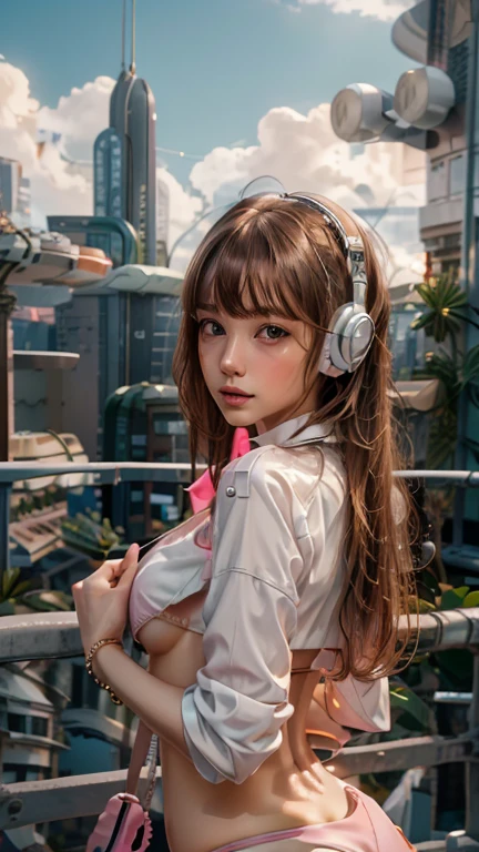 masterpiece, highest quality, Very detailed, 8k, RAW Photos, Realistic, One Girl, alone, Rim Light, Very detailed face, (Contrasting:1.1), Butt、Looking back, smile, Amazingly cute young Russian girl, Droopy eyes, pale pink plump lips, Light brown straight medium hair、With bangs, Light brown thin eyebrows, Oily skin, Wet Skin, Wearing an ivory and pink cyberpunk style bikini and jacket, Put on some high-tech headphones, Mid-chest, Cyberpunk city residential area, thunderclouds in the sky, Midsummer、