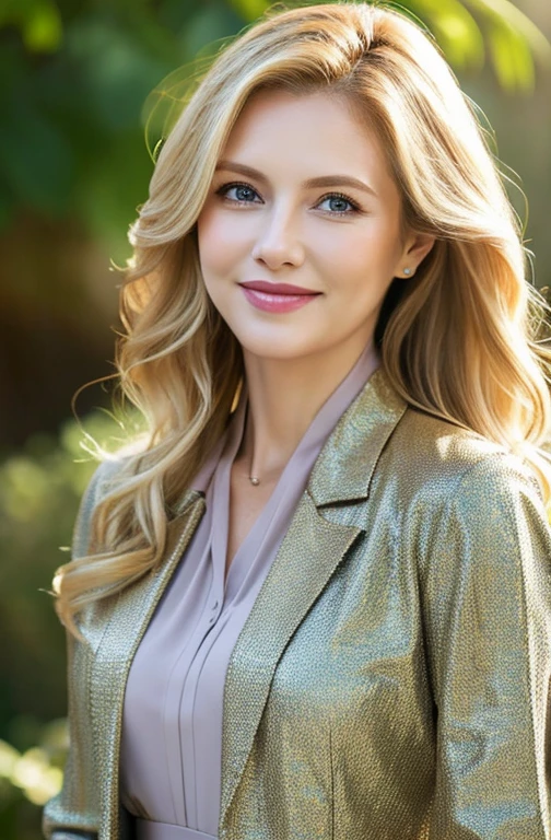 "1 adult woman, long hair, curly hair, blonde hair color, smooth skin, blue eyes, smiling, vegetation, occasional, businesswoman style kebaya clothes, light brown blazer, realistic, with background in a fancy paddy side cafe, 8k super realistic, super detailed and realistic"