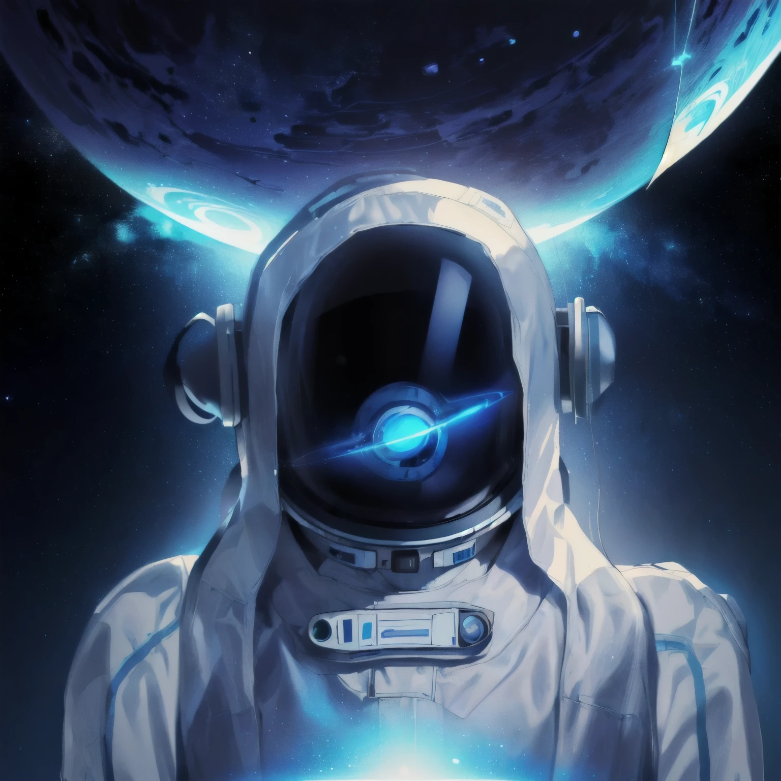 there is a drawing of a space suit with a saturn logo, an alien musician lost in space,  astronaut, galaxy reflected in helmet, creepy astronaut, in spacesuit, astronaut lost in liminal space, clothed in space suit, looking out into space, galaxy reflected helmet, unknown space, portal in space, with headphones, astronaut, headphones on, in space