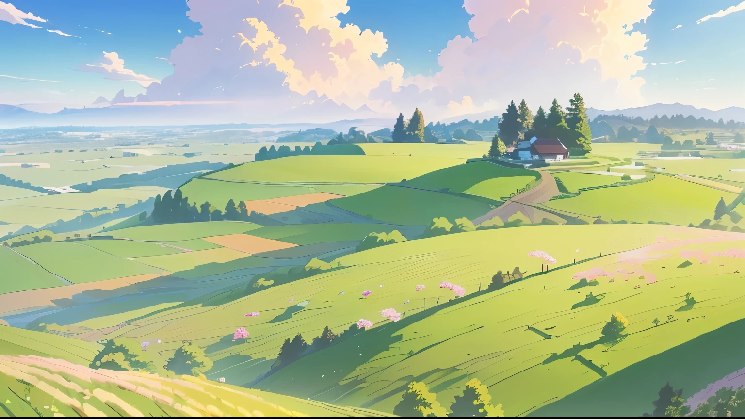 There is a painting,There is a green field in the painting,There were flowers and trees, Anime rural scenery, anime background technology, Anime Landscape, Anime Landscape wallpaper, beautiful Anime Landscape, Anime beautiful peaceful scene, Landscape Artwork, 4k hd wallpaper illustration, Detailed scenery —width 672, background technology, Landscape view, Anime Background, 4k hd illustration wallpaper, Anime Landscape