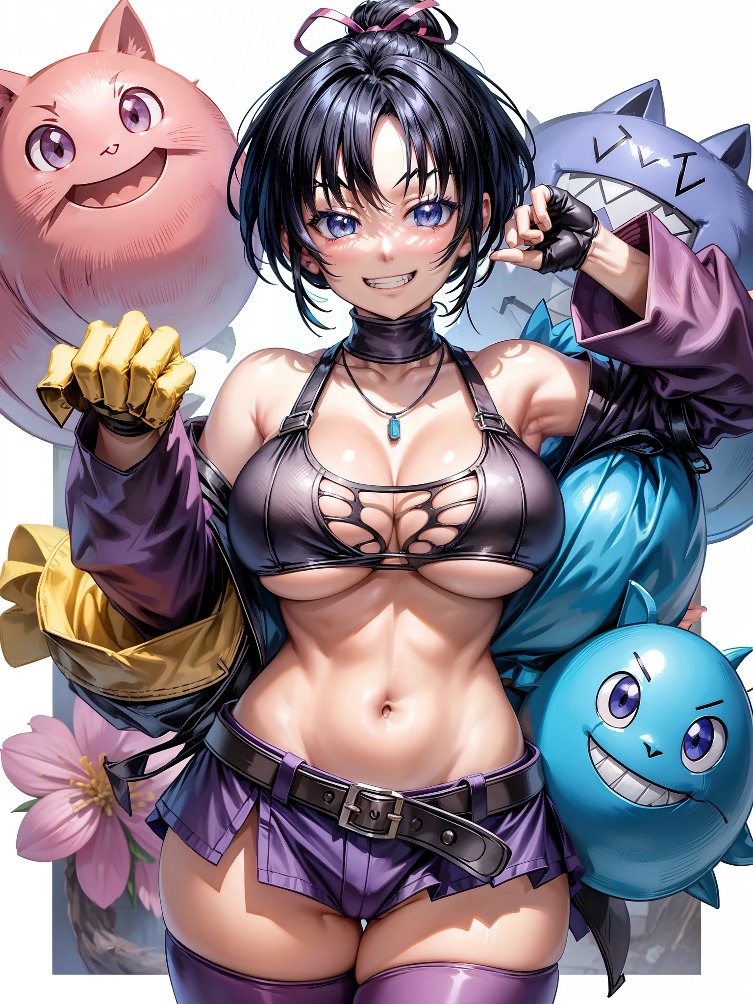 (score_9)、(score_8_up)、Rating:Blatant、、source_anime、(Round Breasts:1.5)、Nipples are hidden、(Pussyがのぞいている、Pussy:1)、(Large Breasts:1.8)、(Narrow waist、Thin Hips:1.2)、(No underwear:1.3)、BlueMary、short hair、blue eyes、pants、Crop top、turtleneck、belt、necklace、Fingerless gloves、Sideboob、Torn clothes、Grin、Big Mouth、