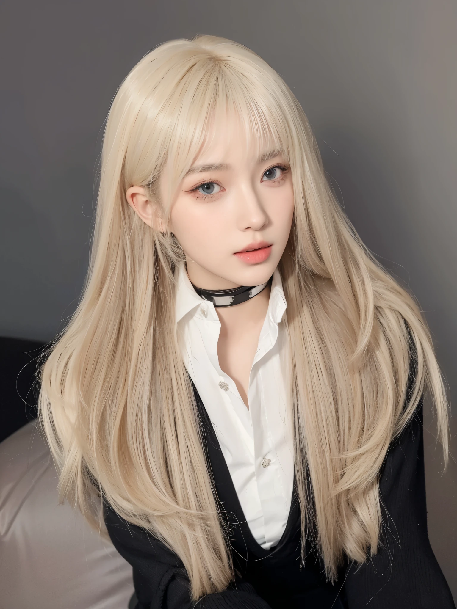 Air bangs long straight hair,Platinum blonde long straight hair,Naturally good-looking,The background is simple and clean。Overall comfortable and good looking