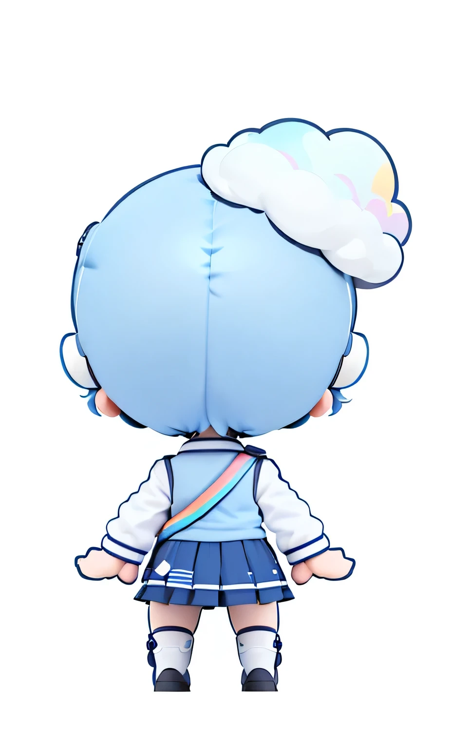 Cute chibi style, simply drawing a full blue girl's back view, she has short hair, cloud like rainbow clouds on her head, wearing a white shirt, navy school uniform dress, gray socks, and dark blue shoes, with a background of pure white