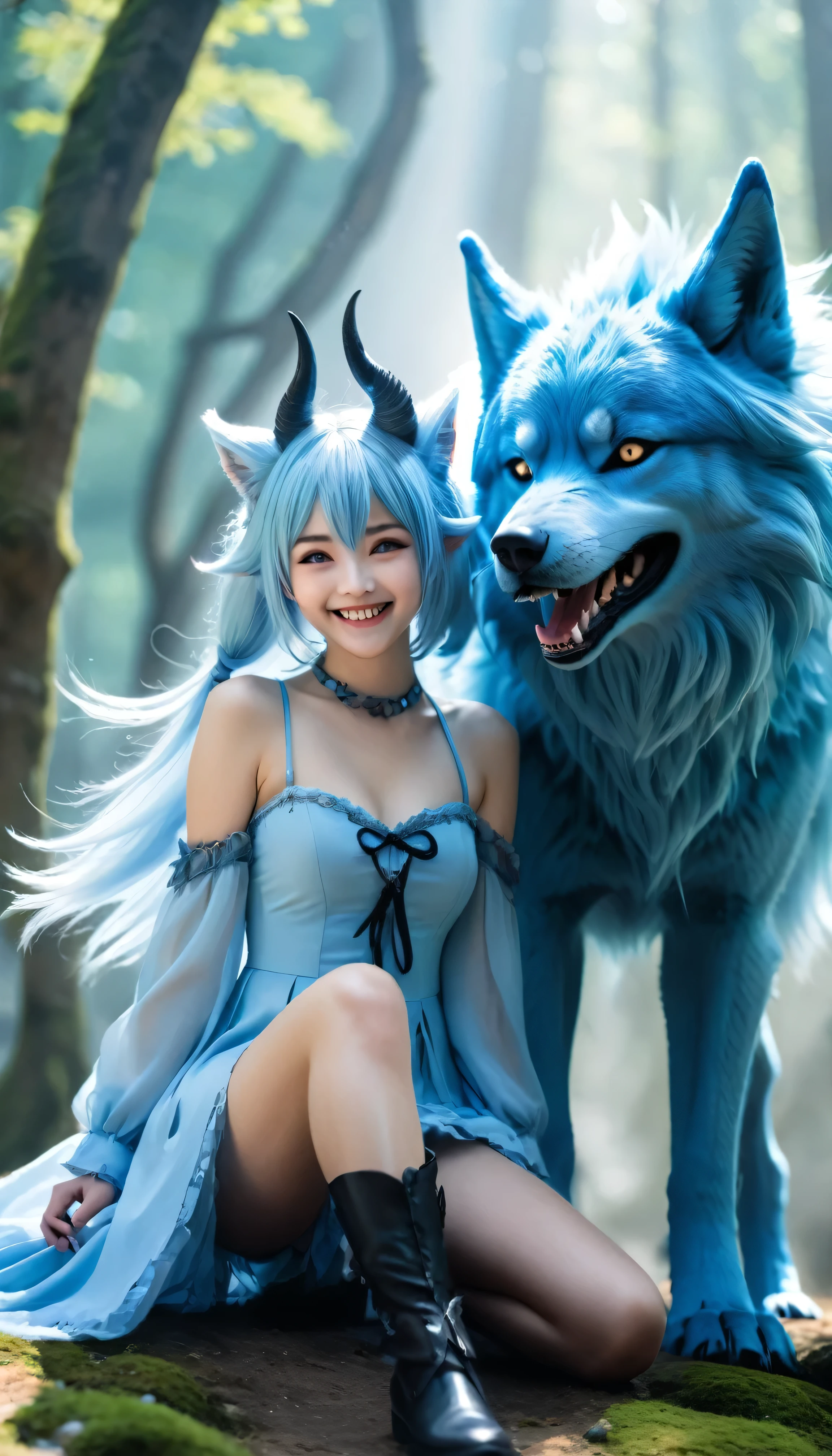 Beautiful 8K Ultra HD professional photos, Sharp focus, In a stunning fantasy world, A cute light Blue-haired girl，Rimuru Tempest,There are real demon horns and a mysterious 1 giant wolf, A joyful smile, In bright natural light, full body shot.