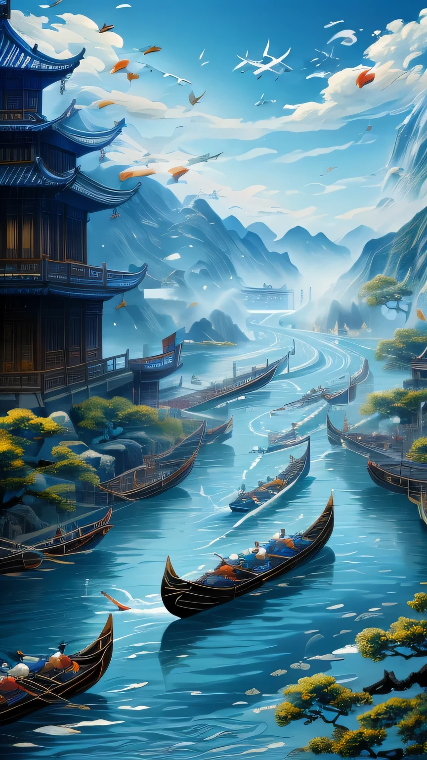 long shot, summer, blue sky, white clouds, several dynamic Chinese canoes racing on a fast river, many people rowing in unison, crowds of people on the riverbank, colorful festive atmosphere, detailed figures, intricate boat design, splashing water, dynamic action, bright colors, dramatic lighting, photo-realistic, cinematic composition, ultra-detailed, masterpiece