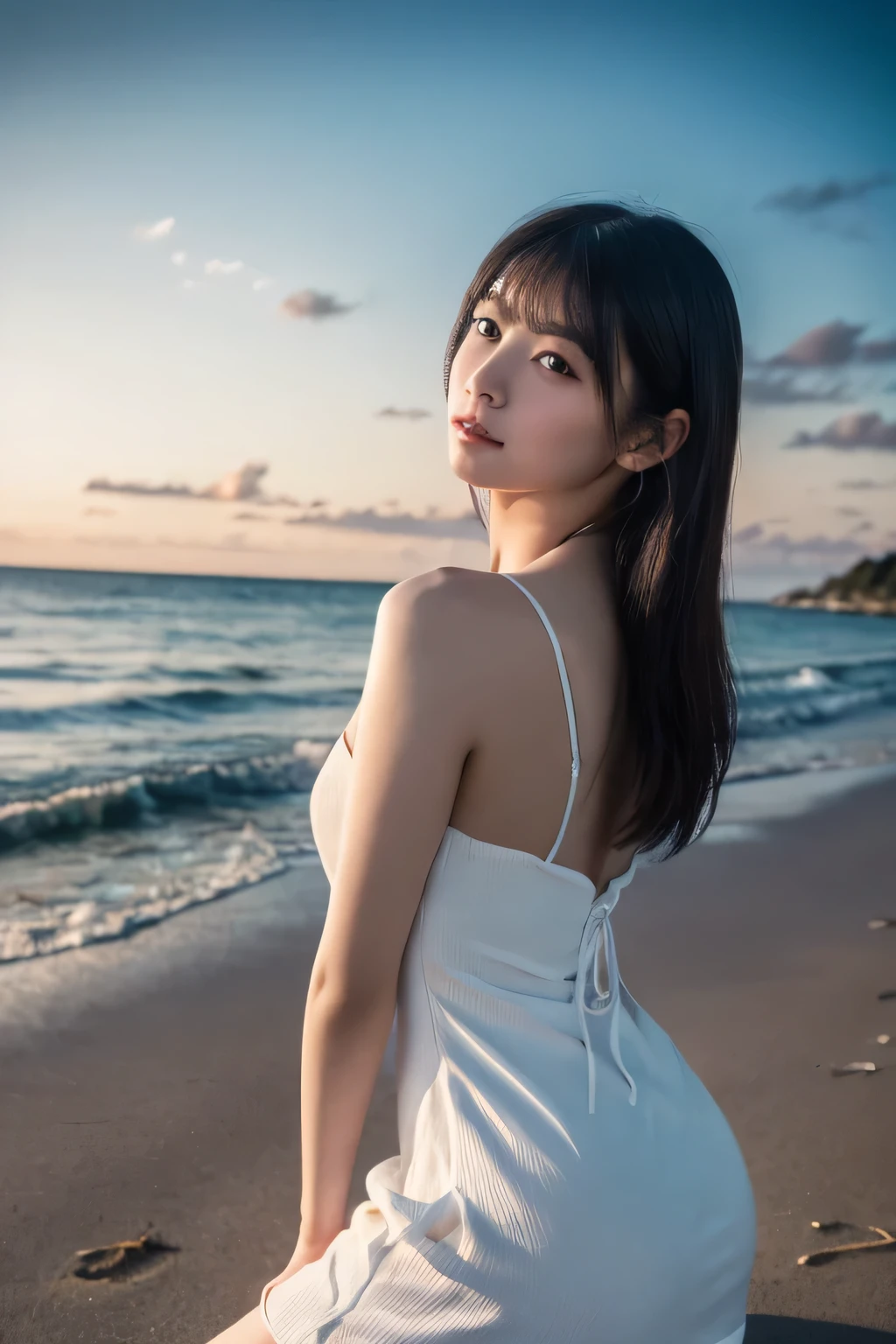 1 girl, (Wear a clean white summer dress:1.3), Very beautiful Japanese idol portraits, 
(RAW Photos, highest quality), (Realistic, Realistic:1.4), (masterpiece), 
Very delicate and beautiful, Very detailed, 2k wallpaper, wonderful, finely, Very detailed CG Unity 8K wallpaper, Very detailed, High resolution, Soft Light, 
Beautiful detailed girl, Very detailed目と顔, Beautiful and sophisticated nose, Finely beautiful eyes, Cinema Lighting, 
(Fashion magazine photography:1.3), (Sunset at sea), (The deep indigo of the night sky、Contrasting with the last traces of crimson near the horizon。.:1.3), (Dark Background), (Swaying Waves), 
(Semi-long hair), (The girl is squatting on the beach:1.4), (Silhouette of a girl),
Complete Anatomy, Slender body, Small breasts