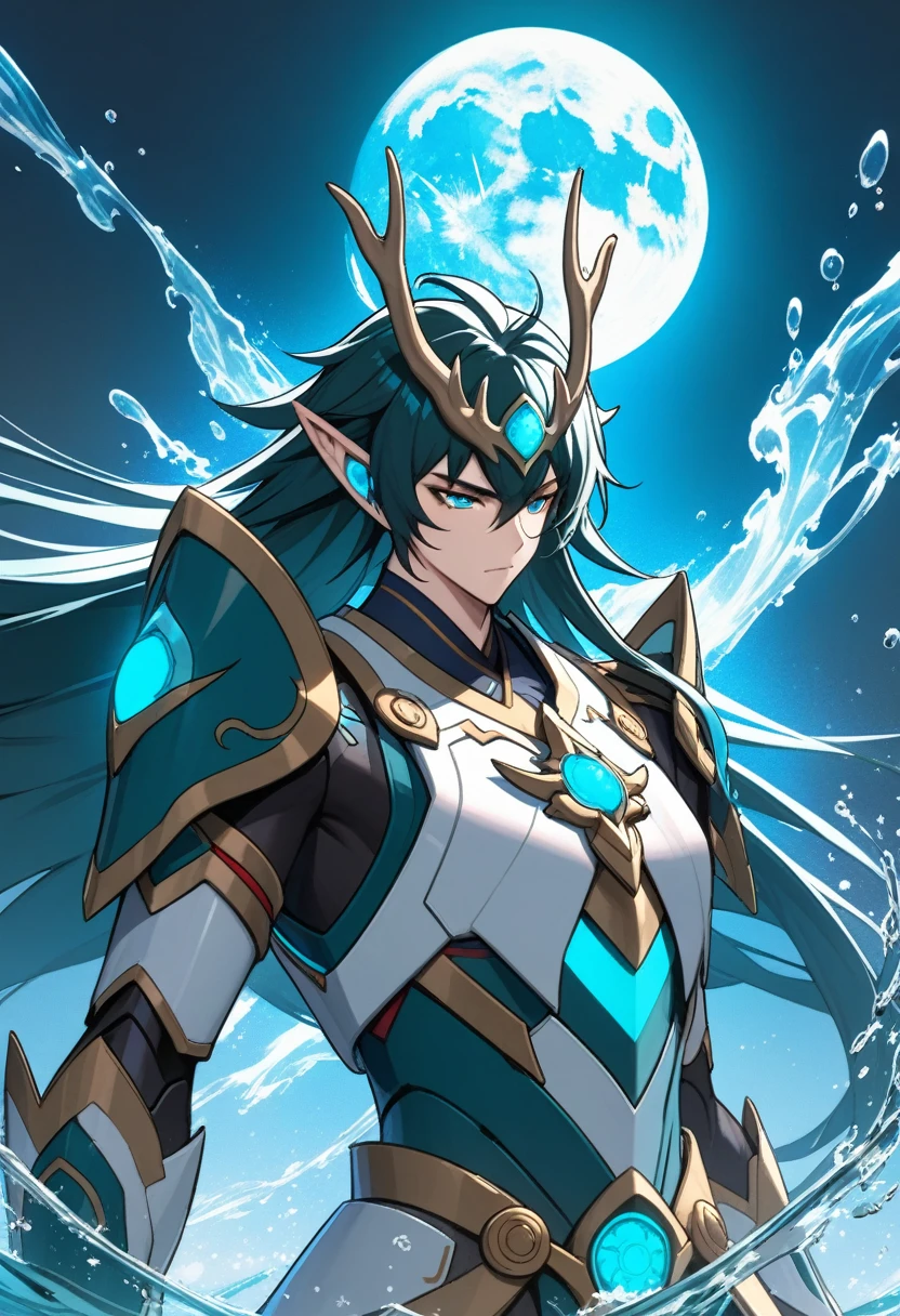 （DAN Heng - Imbibitor Lunae) , masterpiece, HDR, alternate robot armor, mecha half armor, water aura, man，feature，Honkai Star Rail，water Elemental, upper body, simple background, full moon