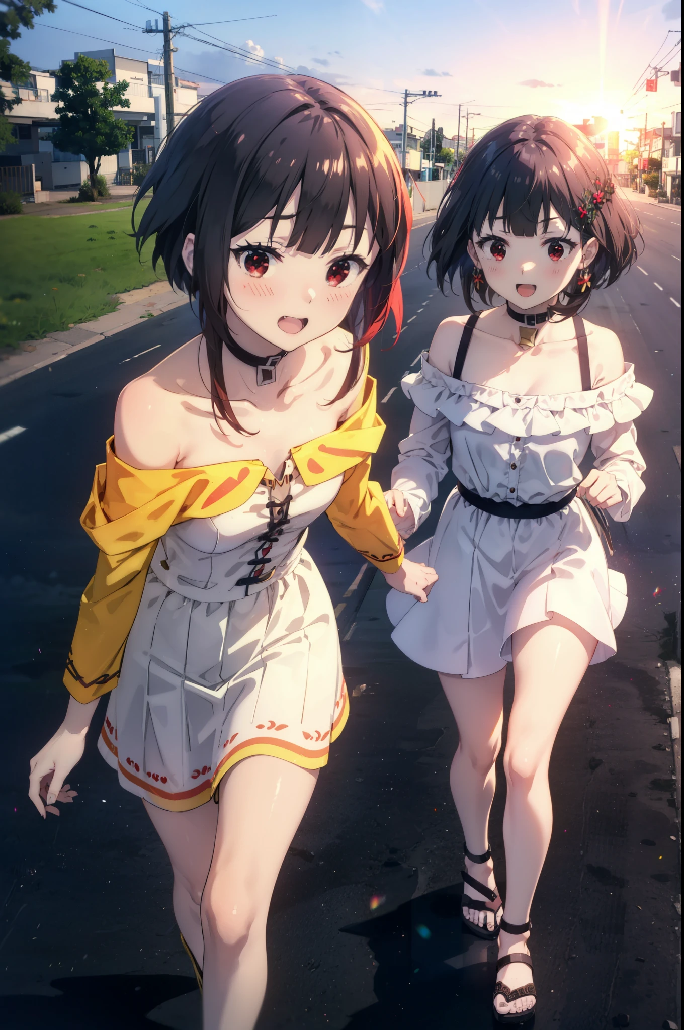konosubaMegumin, Megumin, short hair, Black Hair, (Red eyes:1.3), short hair with long locks,happy smile, smile, Open your mouth,
Off-the-shoulder white dress,White long skirt,Cute Sandals,Bare arms,bare clavicle,Bare shoulders,Bare neck,Walking,whole bodyがイラストに入るように,evening,Sunset,The sun is setting,
break outdoor, Coastal street with buildings,
break looking at viewer, whole body,
break (masterpiece:1.2), highest quality, High resolution, unity 8k wallpaper, (figure:0.8), (Beautiful fine details:1.6), Highly detailed face, Perfect lighting, Highly detailed CG, (Perfect hands, Perfect Anatomy),