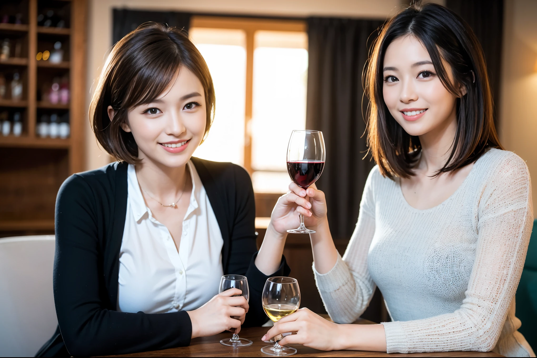 ((highest quality、8k、masterpiece:1.3))、One male lover、1 female、石原さとみ似Couple、model、Spouse、Couple、The body is slim、((Bob Hale、Straight hair:1.2)), (Realistic, Intricate details:1.2), テーブルの上のwine glass、Shine light on your face、 Amazing view of the sunset sky and clouds、Amazing mountain views、A bright smile、The wonderfulness of smile、Bright image、The beauty of wine, Beautiful Face, blue eyes, The light shines on your face, Blushing, short hair,Bright Face、 (Age 37), 39 years old, red wine 、Appetizers、Italian food、Wine bottle、Champagne、sparkling wine、Two beauties、Brown Hair、Shortcuts、Long sleeve shirt、dress、Pretty Woman 1, (slimな顔), (The body is slim), (Brown Hair), (Shortcuts), cheeks turn a little red,Attractive beauty、restaurant, In a prominent place (From the waist up) Nova Frog Style, actress, model, Upper Body, White wine, slim, wine glass, 中央に置かれたwine glass, smile, (smile: 1.15), Beautiful fine grain, Depth f/2,saturation, High Contrast, Strong light and shadow,Moist Body:1.5、3D texture、Delicate eyes、Brown Hair、The hair is very shiny、